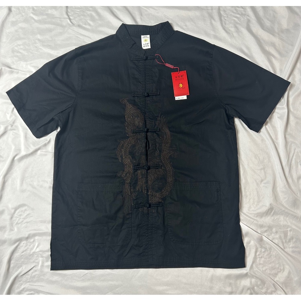 Miniye Mens XXXL Black Dragon Embroidered Mandarin Collar Frog Button Shirt NWT
